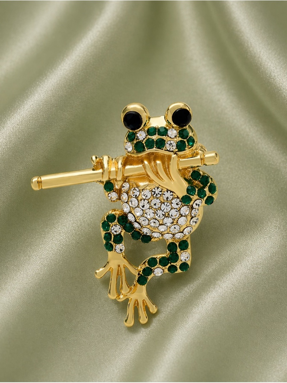 Musical Frog Green Crystal Gold Brooch